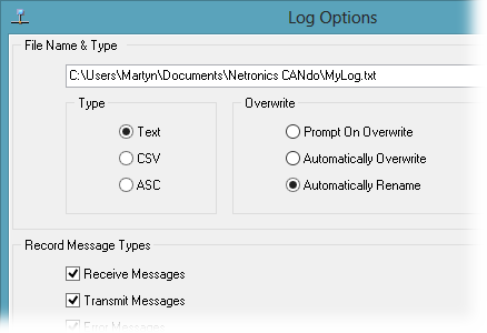 CANdo Application - Log Options